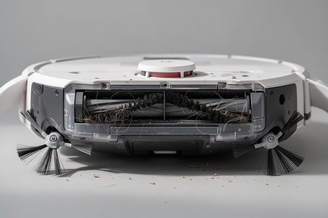 Close-up of a robot vacuum's dual rubber brushes with no hair tangled around them