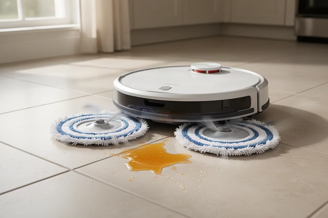 Robot vacuum mopping a kitchen floor with spinning mop pads after a liquid spill