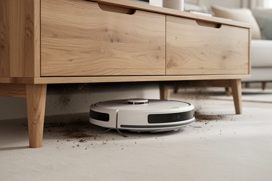 Robot vacuum navigating under a low cabinet in a family room