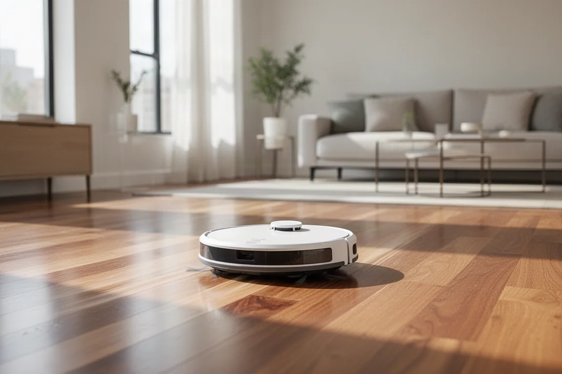 Robot vacuum cleaning a modern living room floor with hardwood surfaces