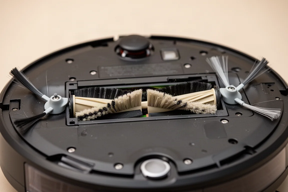 Close-up of robot vacuum main brush with divided center and side brush