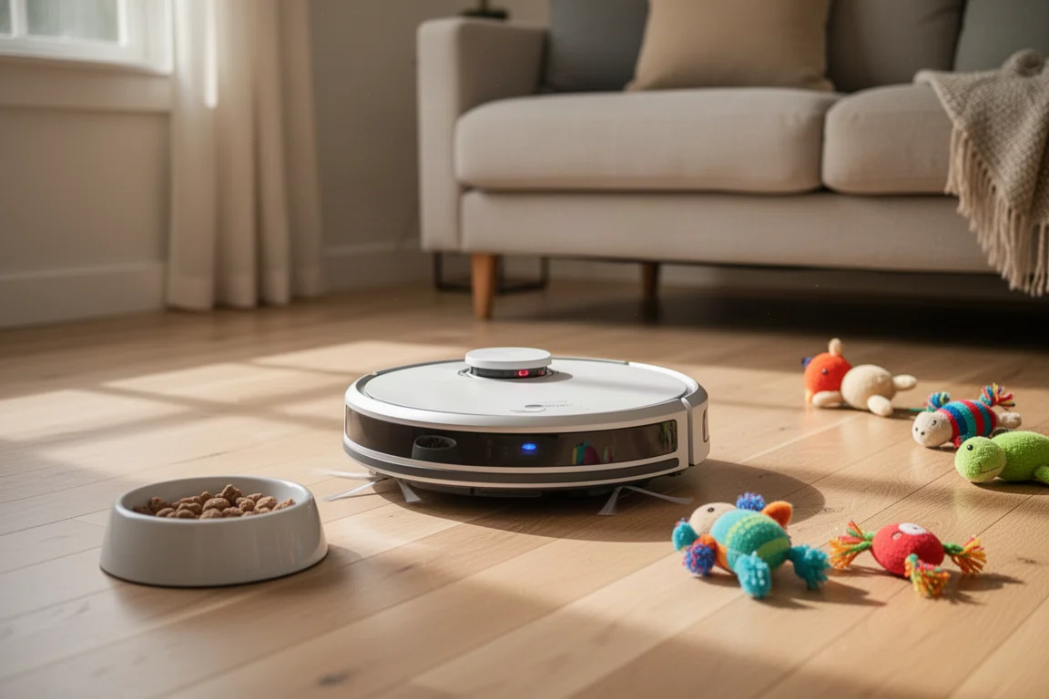 Robot vacuum navigating around a pet bowl and toys on a hard floor