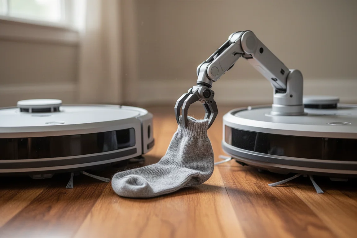 ロボット掃除機のロボットアームが無垢材の床から靴下をつまみ上げている様子