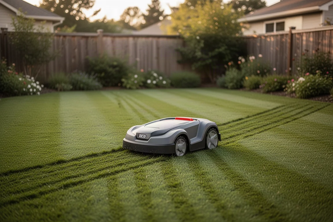 Robotic lawn mower cutting neat parallel lines in a residential backyard