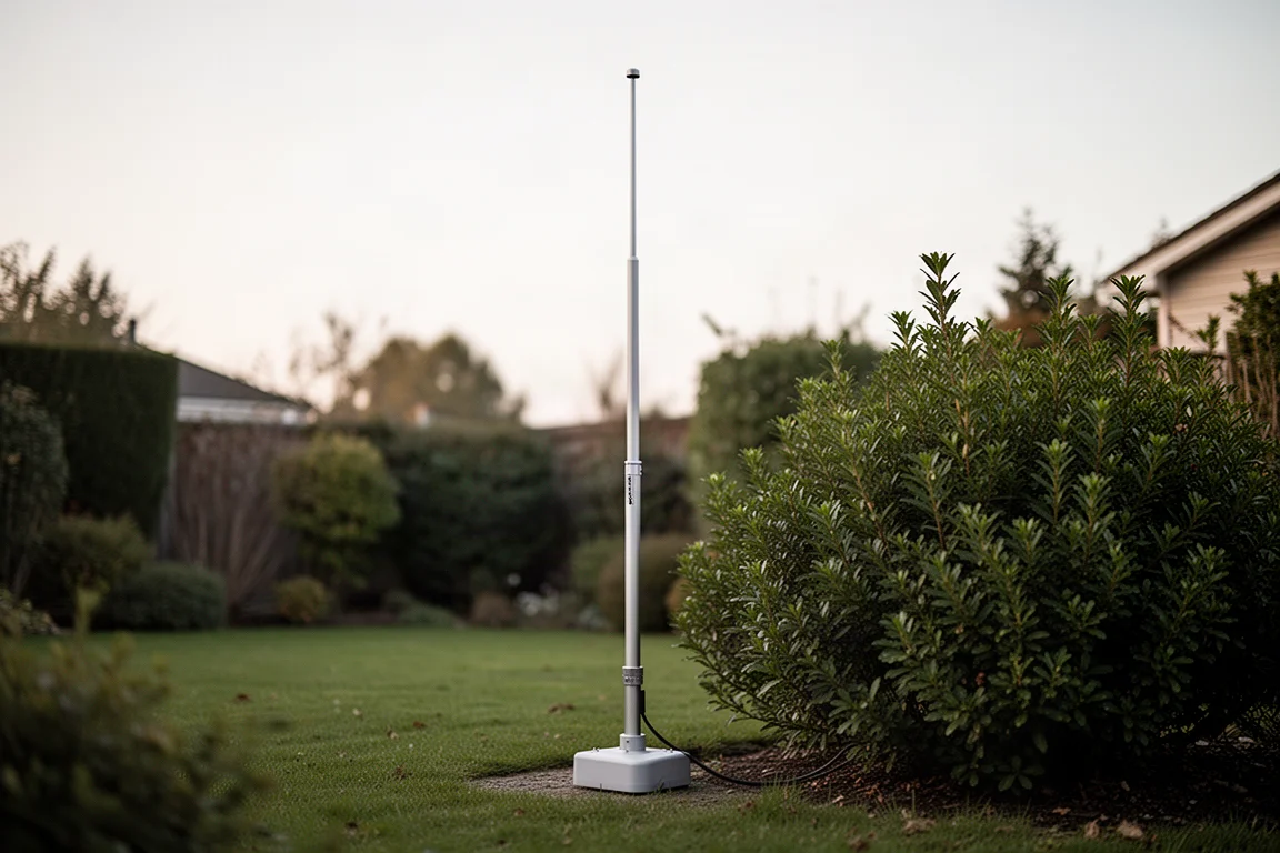 RTK navigation pole positioned in a garden with clear sky view