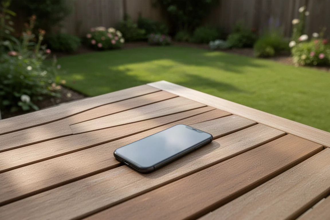 Smartphone app interface used outdoors next to a lawn mower