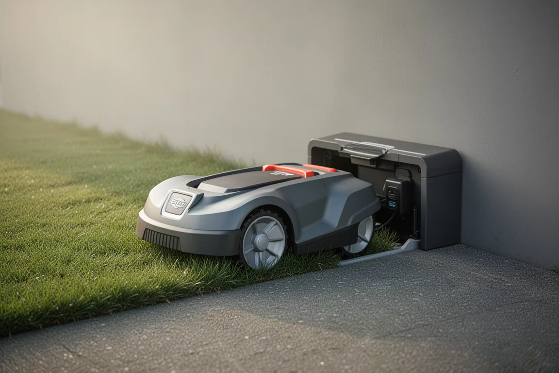 Robotic mower returning to its charging station on a lawn edge