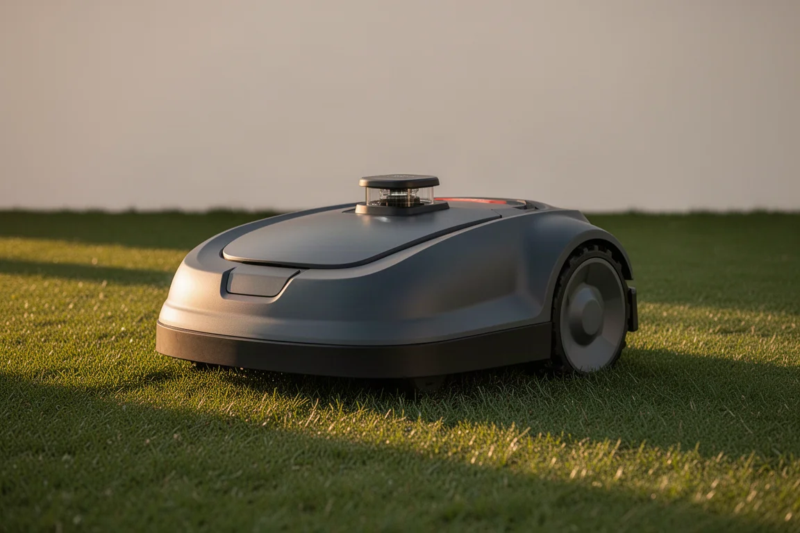 Robotic lawn mower on a neatly trimmed lawn in soft golden light