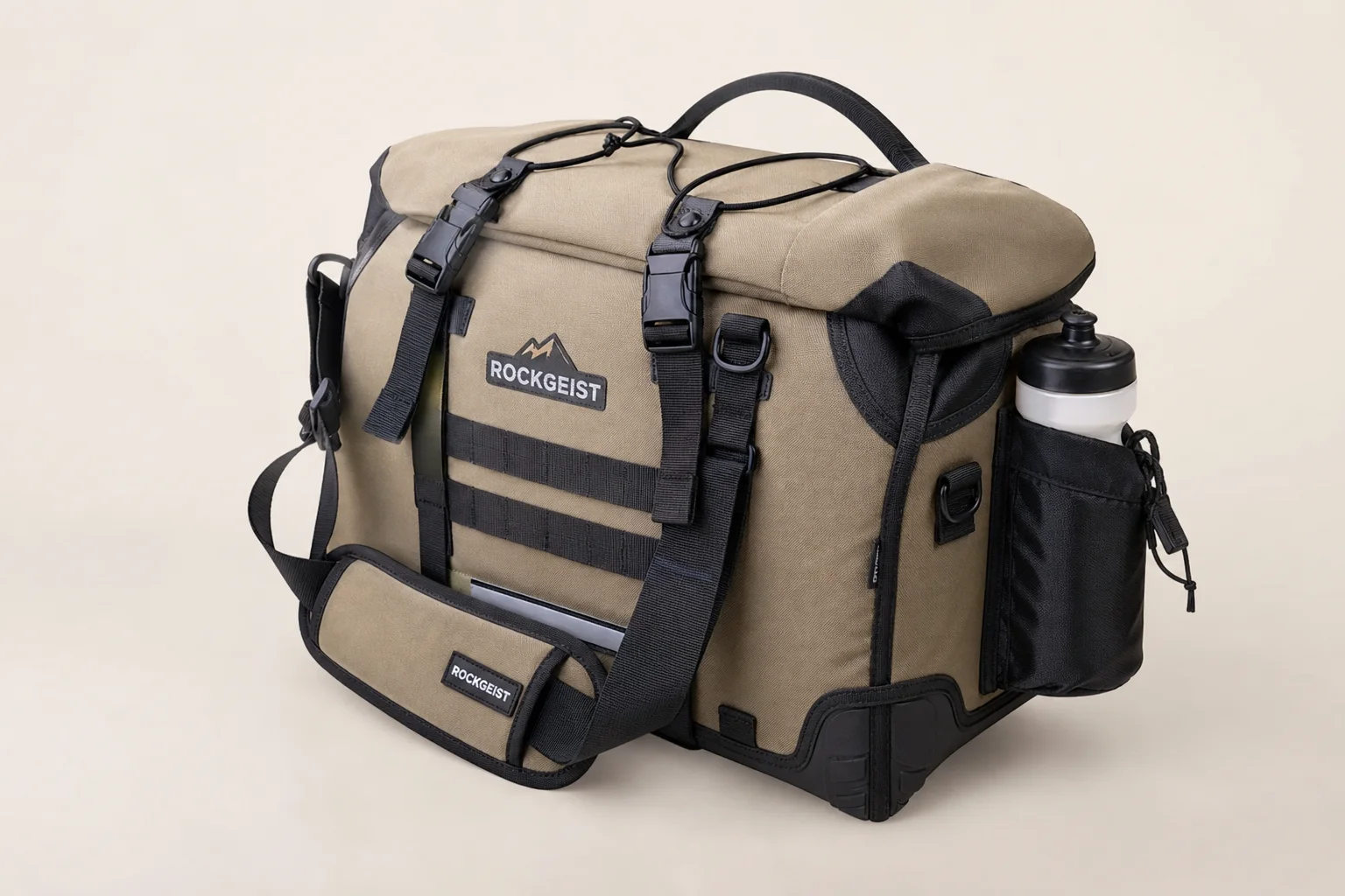 Five bike pannier bags in different styles and sizes arranged on concrete