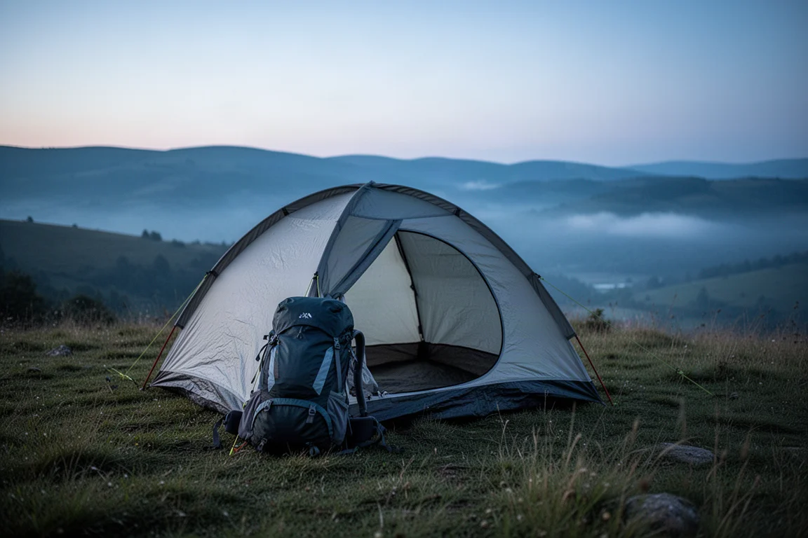 Tenda da campeggio selvaggio montata su un pendio erboso al crepuscolo con uno zaino appoggiato nelle vicinanze