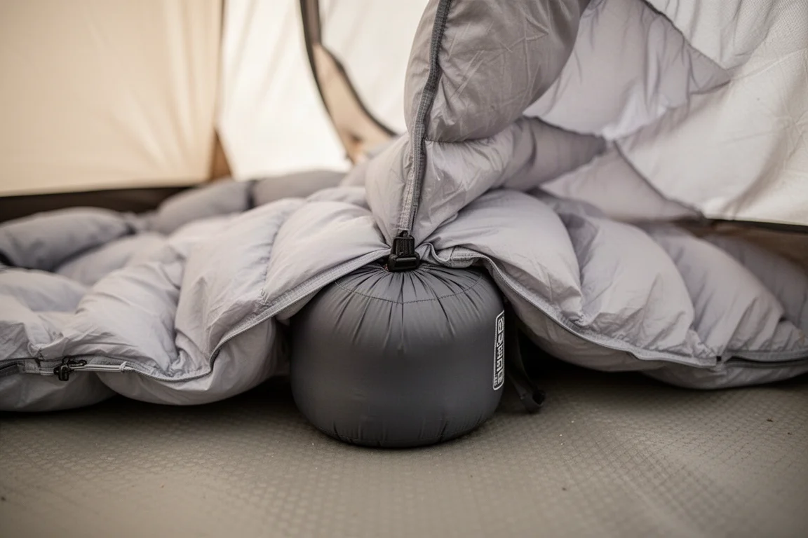 Quilt in piuma ultralight parzialmente infilato in un piccolo sacco di compressione sul fondo di una tenda