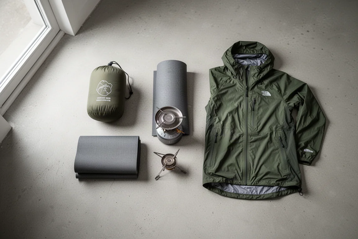 Attrezzatura da backpacking ultralight disposta su un pavimento in cemento prima di un viaggio