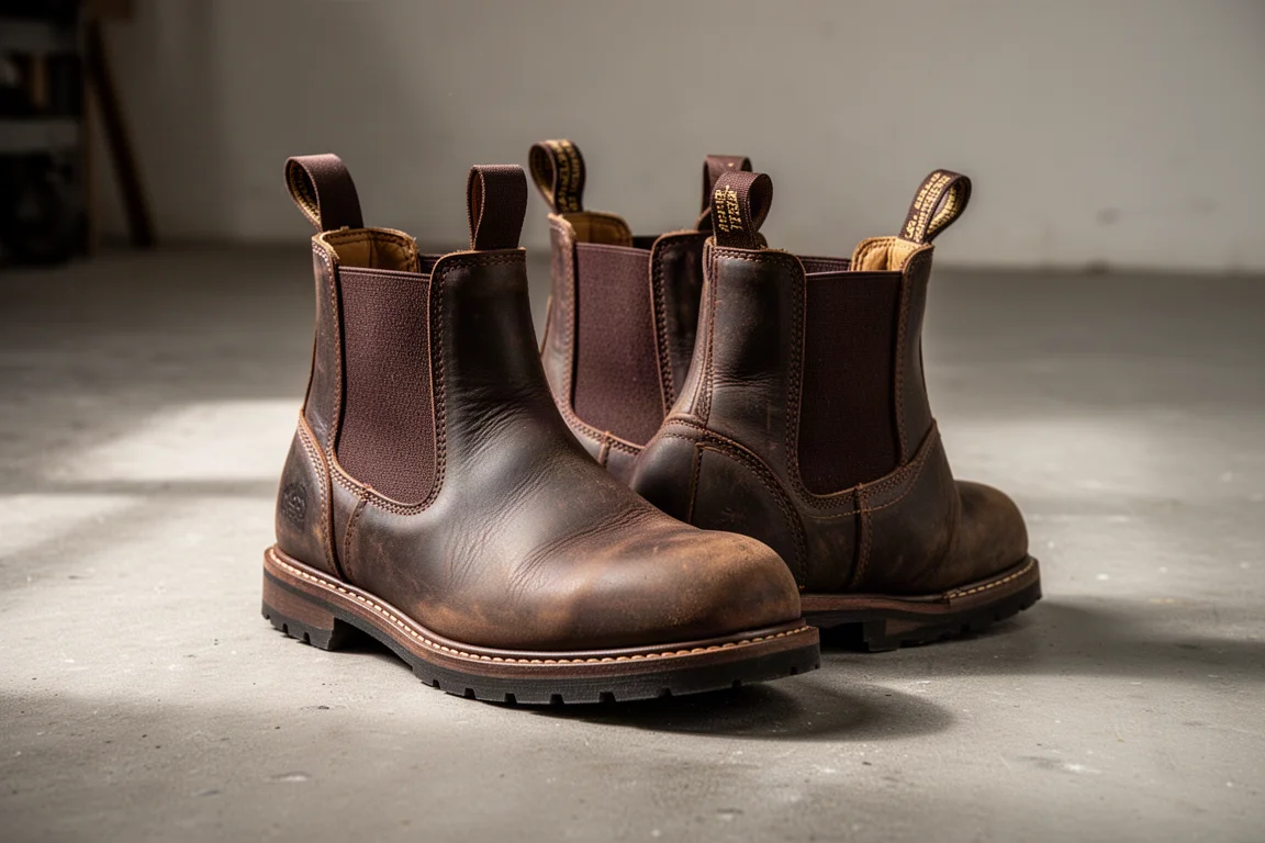 Dunkelbraune Chelsea Slip-On Arbeitsschuhe auf dem Betonboden einer Werkstatt