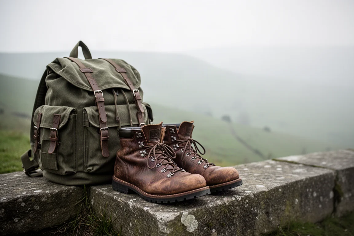 Chaussures de randonnée en cuir usées et un sac à dos sur une marche en pierre, collines brumeuses en arrière-plan
