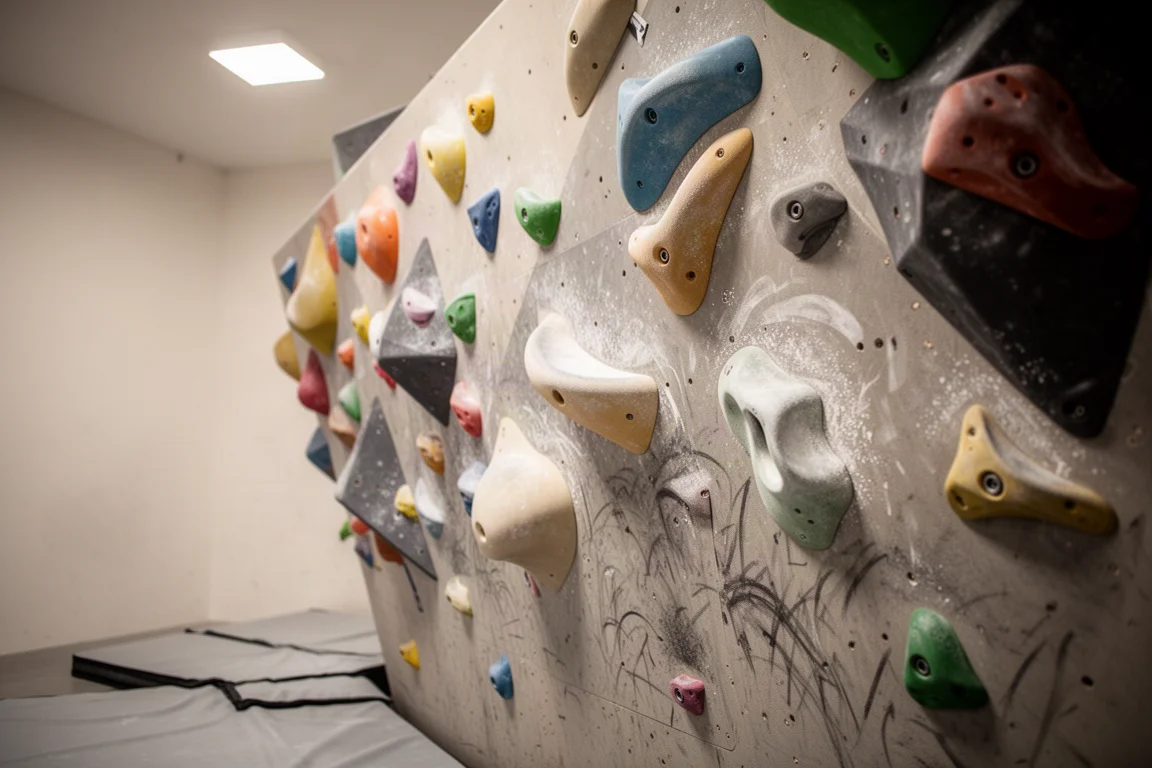 Mur d'escalade intérieur avec prises sculptées et traces de magnésie au-dessus d'un tapis de réception