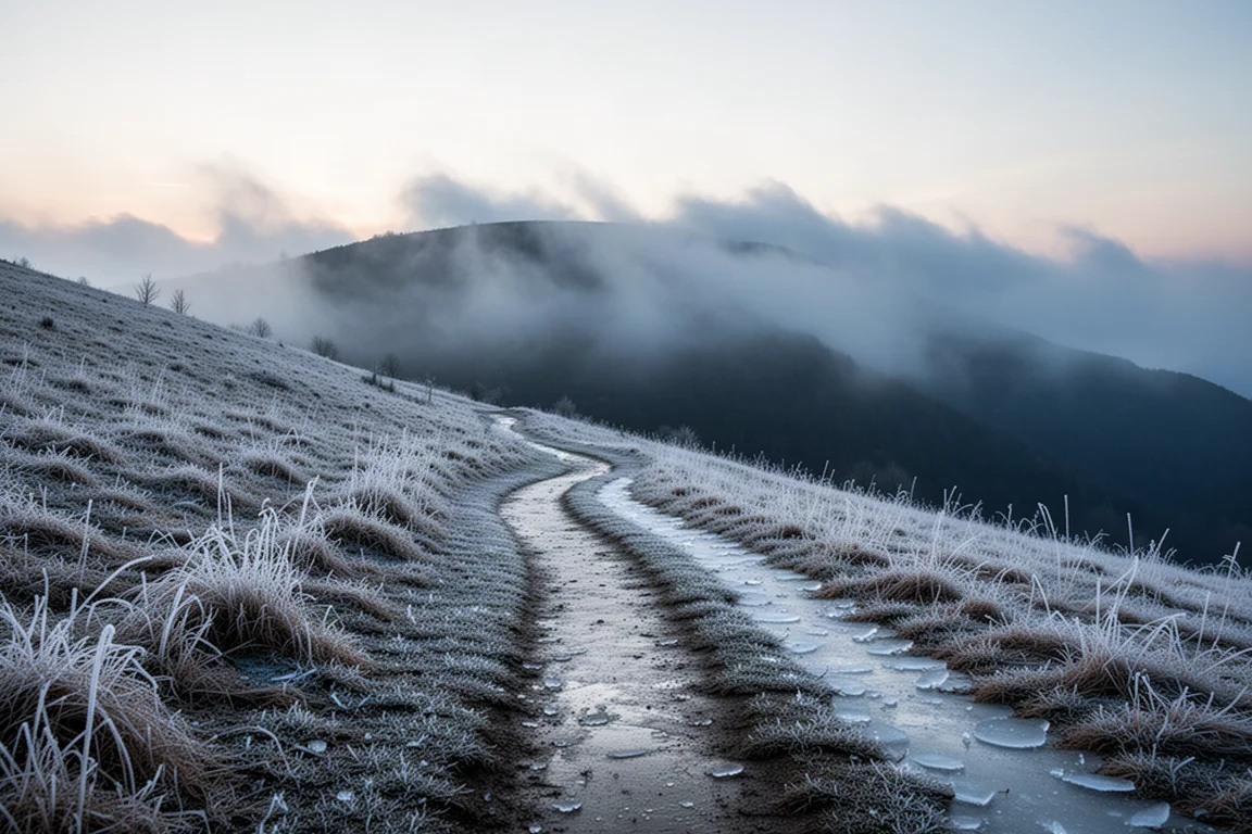 Sentier de colline givré à l'aube avec nuages bas dérivant sur des crêtes sombres