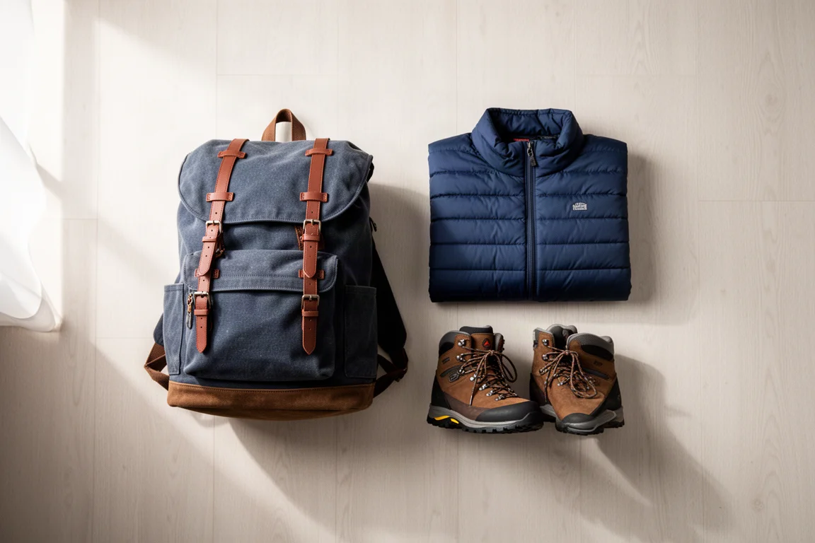 Vue de dessus d'un sac à dos, d'une veste isolante pliée et de chaussures de randonnée sur un plancher en bois