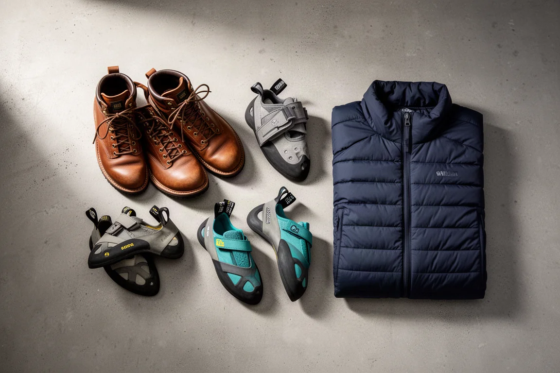 Flat-lay of leather walking boots, climbing shoes and a folded insulated jacket on concrete
