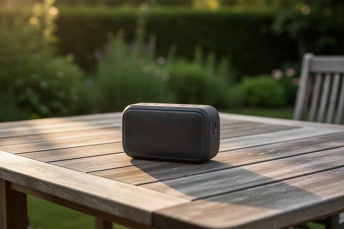 Przenośny głośnik Bluetooth na stole na tarasie z ogrodem i późnym popołudniowym światłem w tle