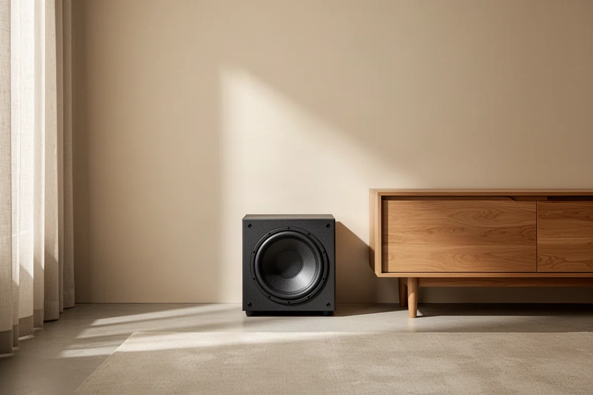 Mały subwoofer ustawiony przy ścianie pod szafką w salonie