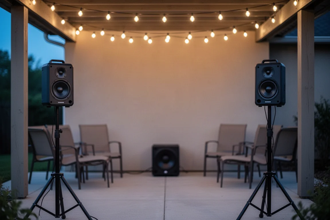 Dwa przenośne głośniki i subwoofer ustawione na zadaszonym tarasie o zmierzchu