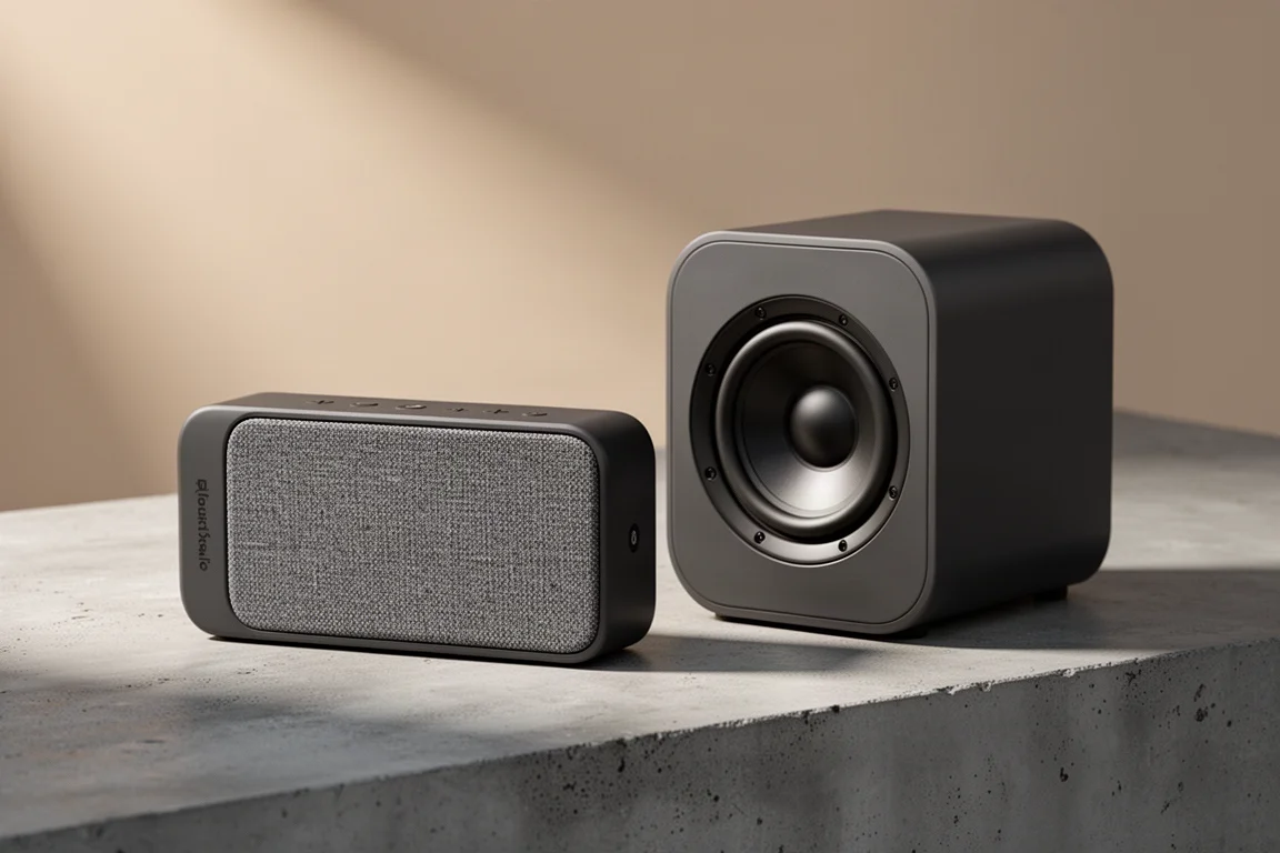 Rock Steady Stadium 2.0 portable speaker and its subwoofer on a concrete surface