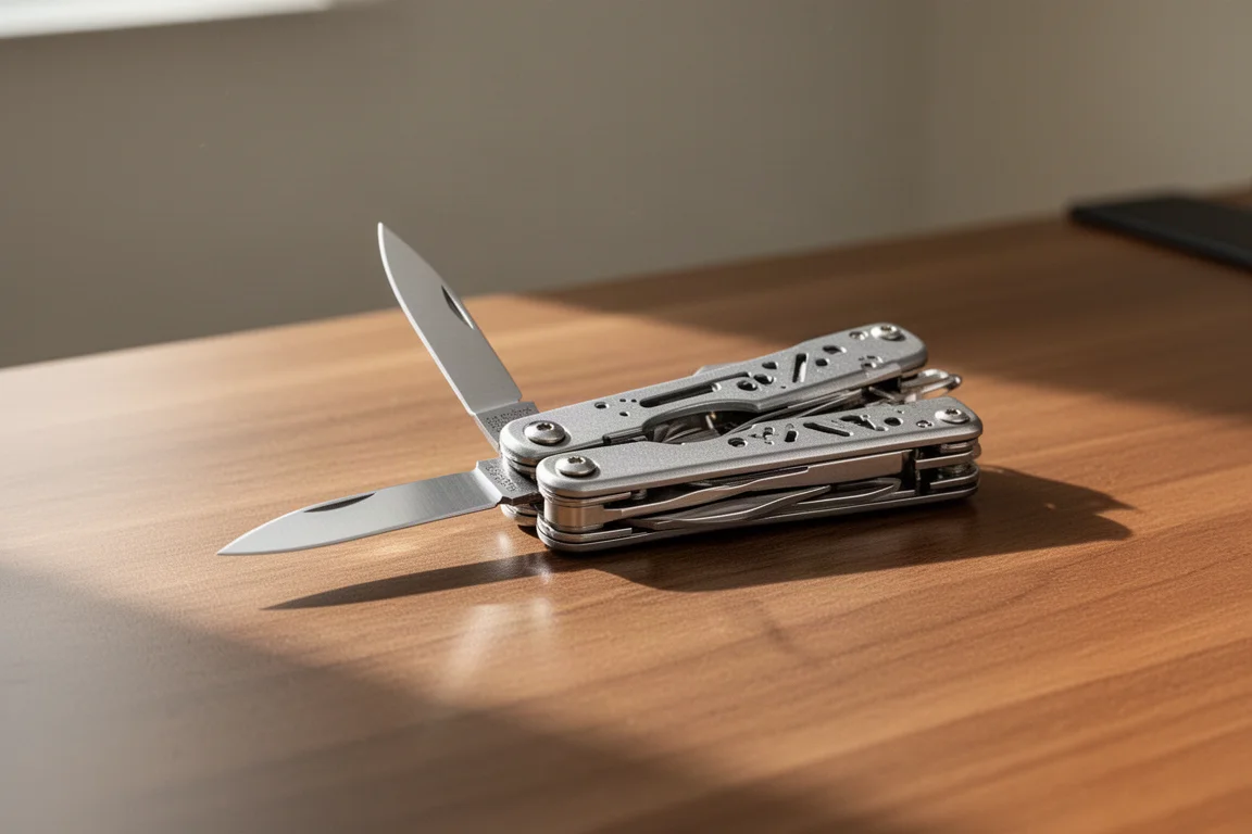 Geöffnetes Klapp-Multi-Tool mit gerader Klinge und außen zugänglichen Werkzeugen auf einem Schreibtisch