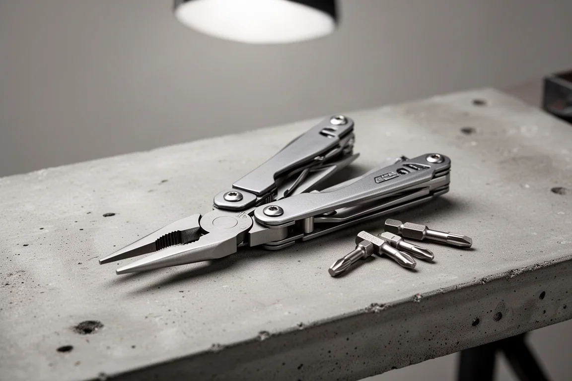 Geöffneter Multi-Tool-Zangenkopf auf einer Betonwerkbank