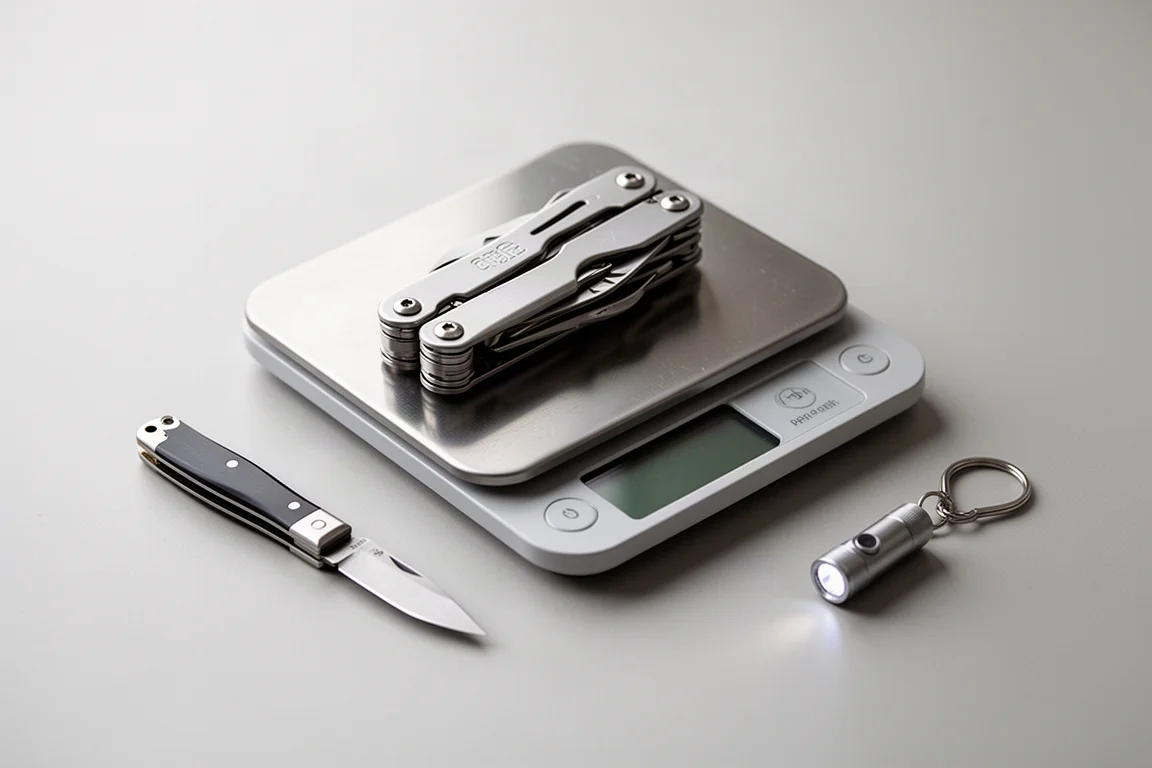 Multi-Tool auf einer Küchenwaage, das Gewicht daneben neben kleineren EDC-Gegenständen