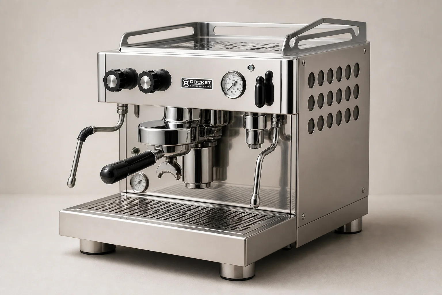 Six espresso machines arranged on concrete surface showing different designs and sizes