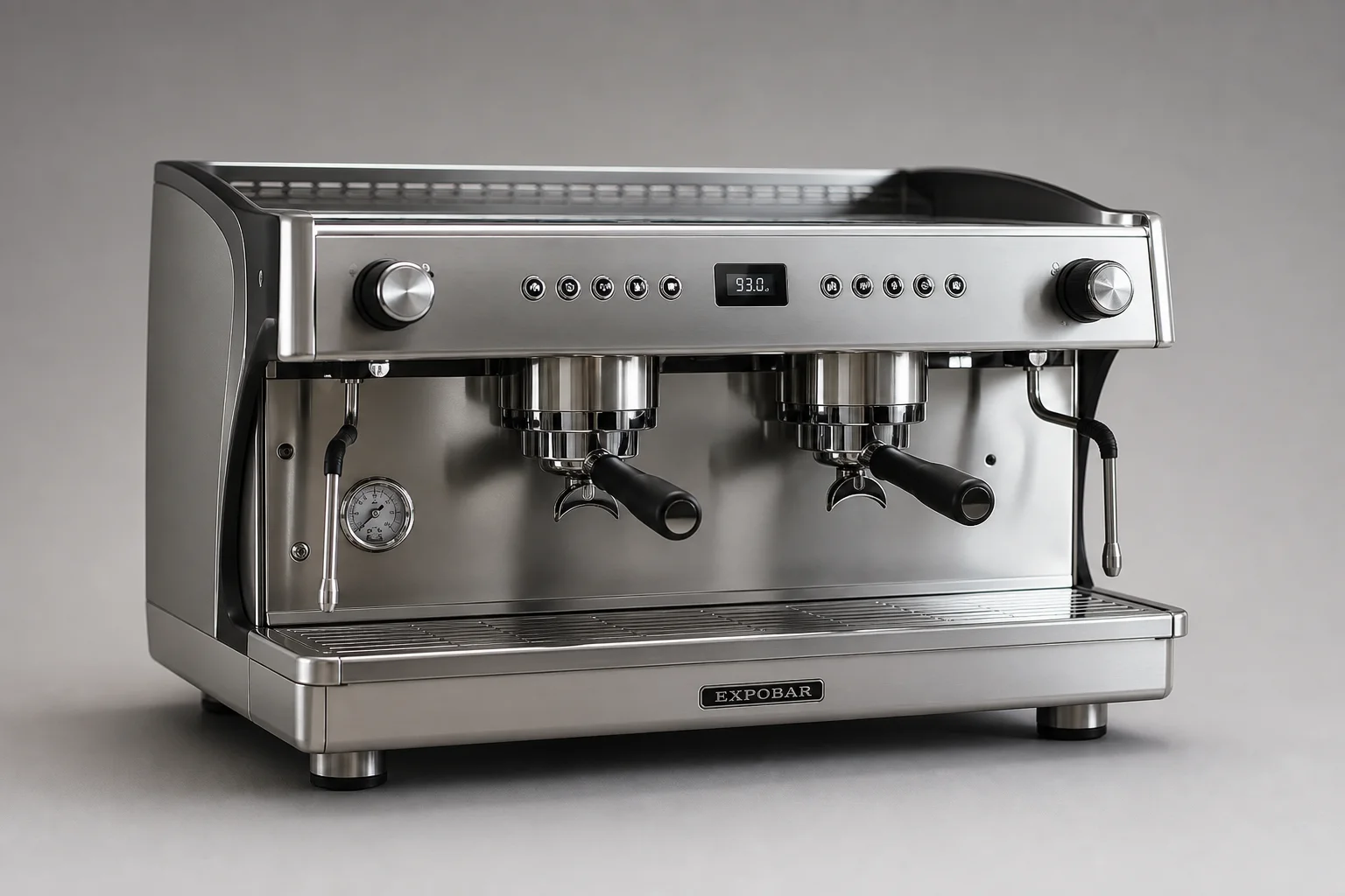 Three espresso machines: Rocket Boxer, Sanremo Zoe, and Wega Polaris on grey surface