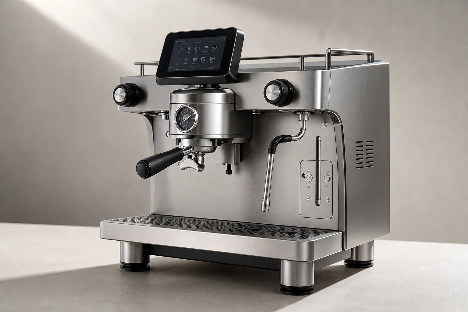 Vier Espresso-Maschinen auf neutralem Hintergrund: Rocket R58 Tune, ECM Estetika, ECM Discover und Lelit Mara X3