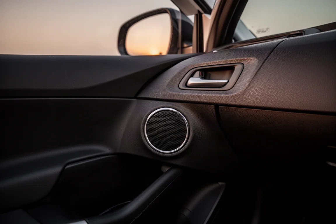 Innenraum einer Autotürverkleidung mit sichtbarem Lautsprechergitter bei schwachem Abendlicht