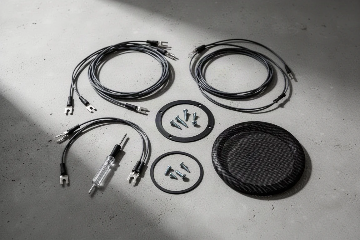 Flache Anordnung von Lautsprecher-Montagezubehör, Kabelschuhen, Kabel und Werkzeug auf Beton