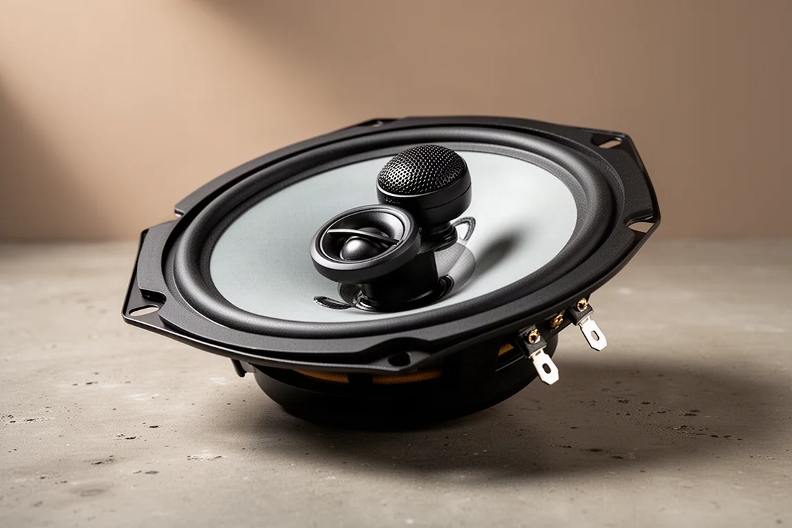 Three-way car speaker with grey cone and small tweeter on a concrete surface