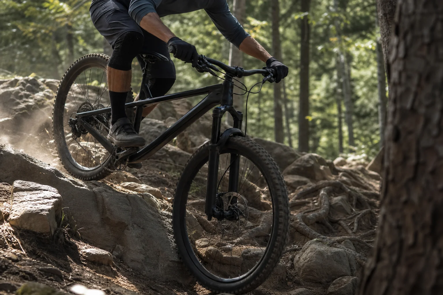 Mountainbiker auf einem felsigen Trail, während die Federgabel Stöße absorbiert
