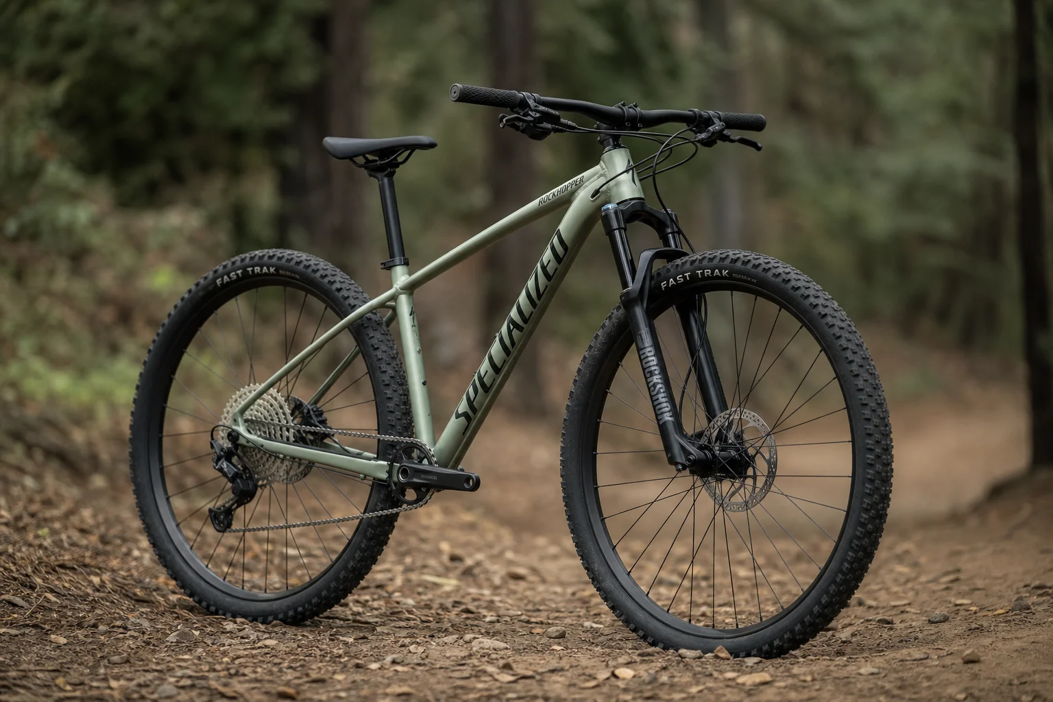 Hardtail-Mountainbike auf einem Trail geparkt, das die aufgerüstete Gabel und Rahmendetails zeigt
