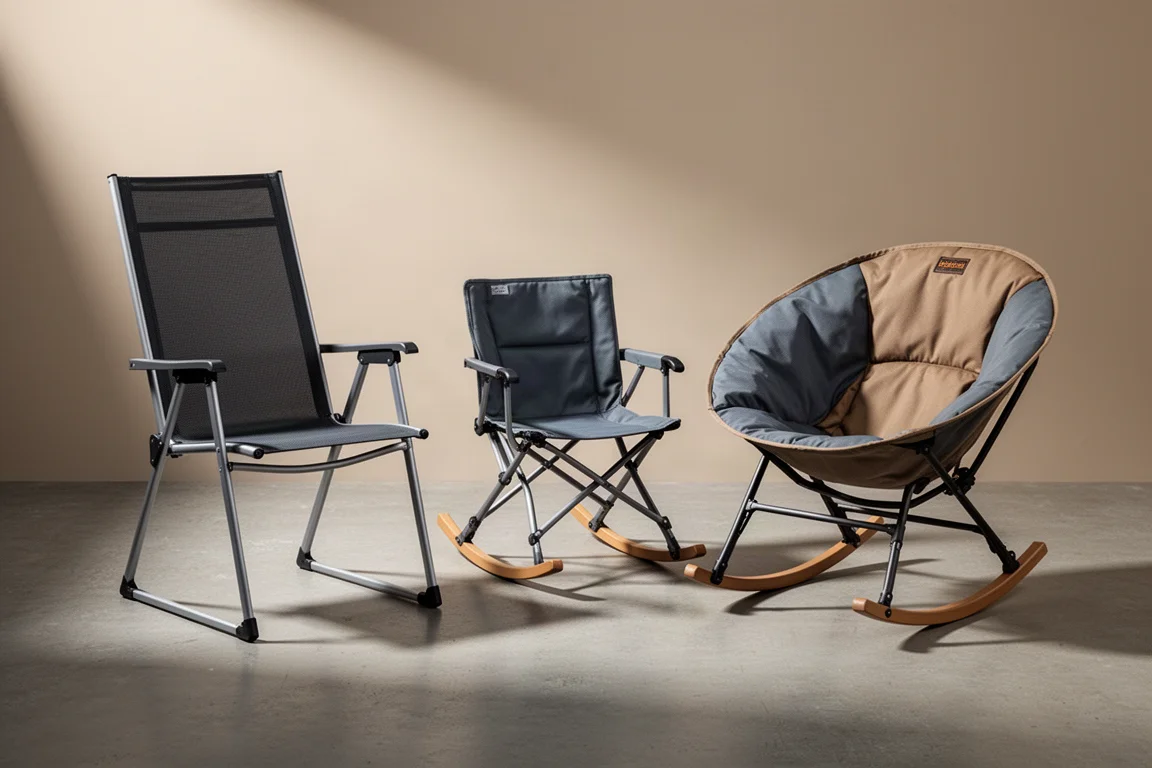Three folding camp chairs arranged on a matte concrete surface in soft studio light