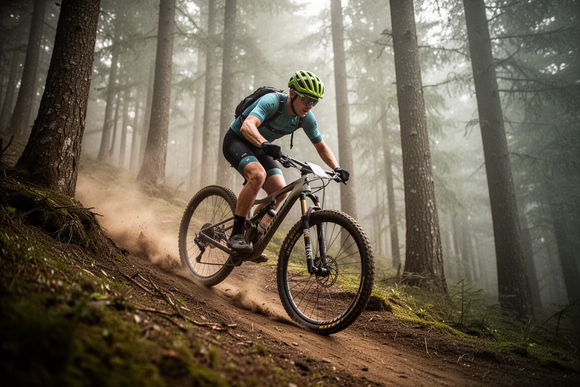 Cross country mountain biker climbing a steep forest trail in soft daylight