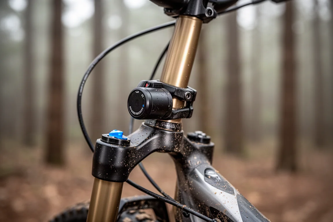 Close-up of a mountain bike suspension fork crown with a compact control module