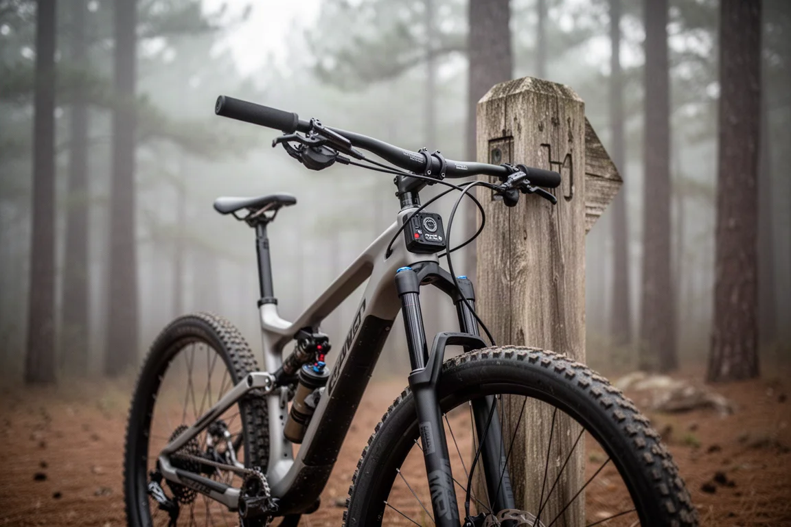 Mountain bike parked at a trailhead with the fork control module in focus