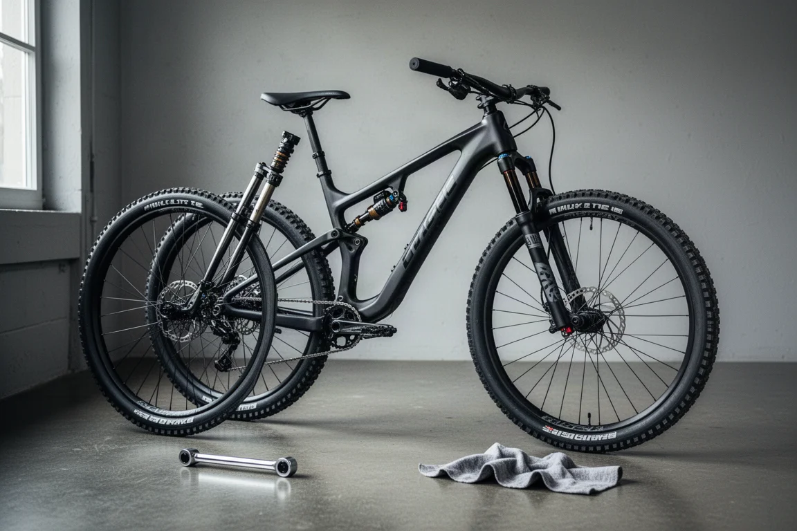Race ready cross country mountain bike staged in a workshop before a ride