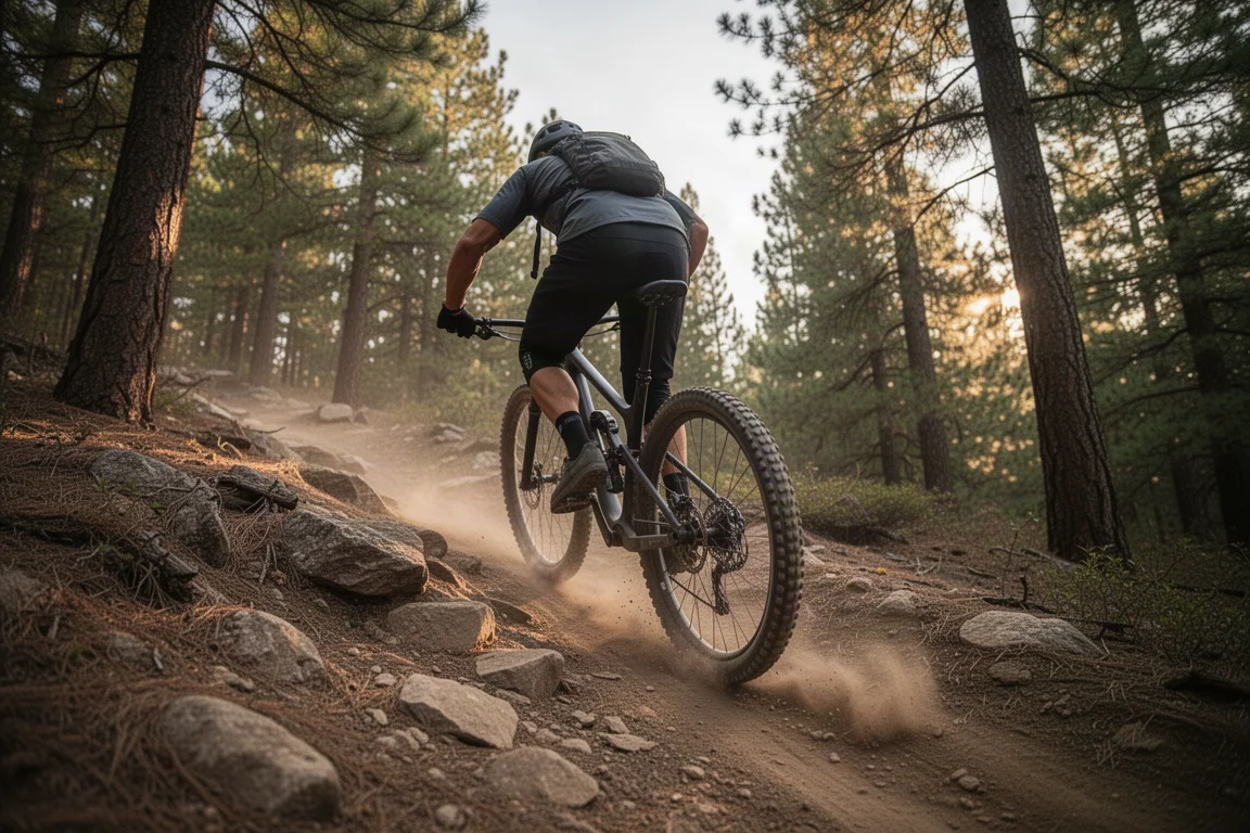 Cross-country mountain biker climbing a dusty fire road in early morning light