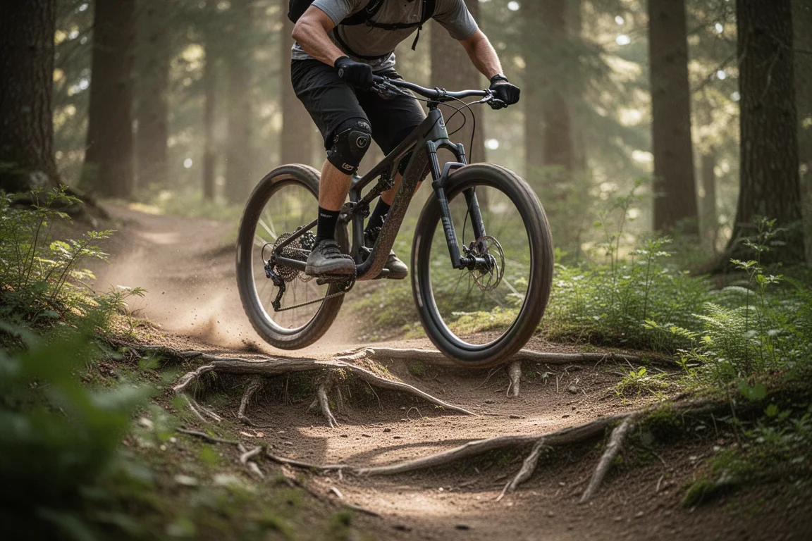 Front end of a mountain bike on a forest trail with fork crown and control module