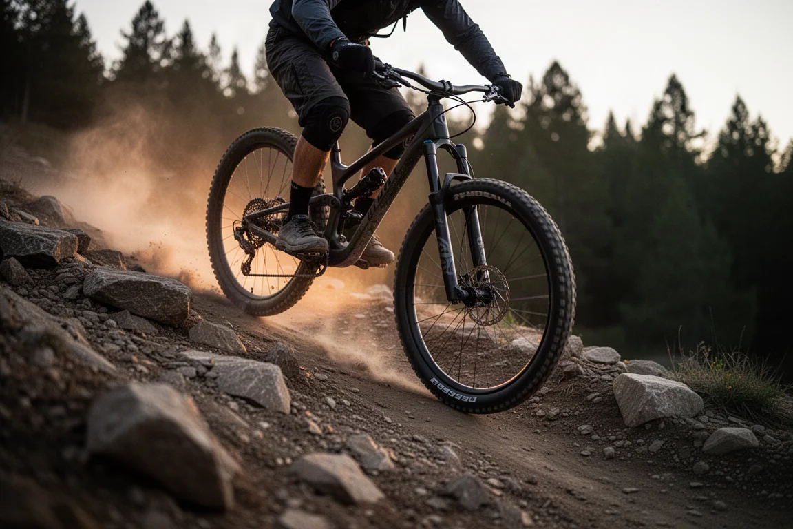 Mountain biker moving from a rooty descent onto a smooth climbing track