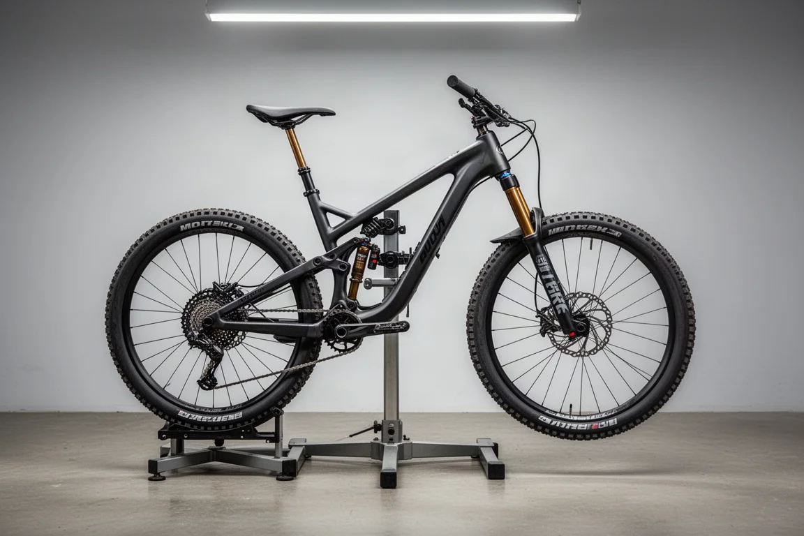 Mountain bike on a workshop stand with tools laid out on a bench