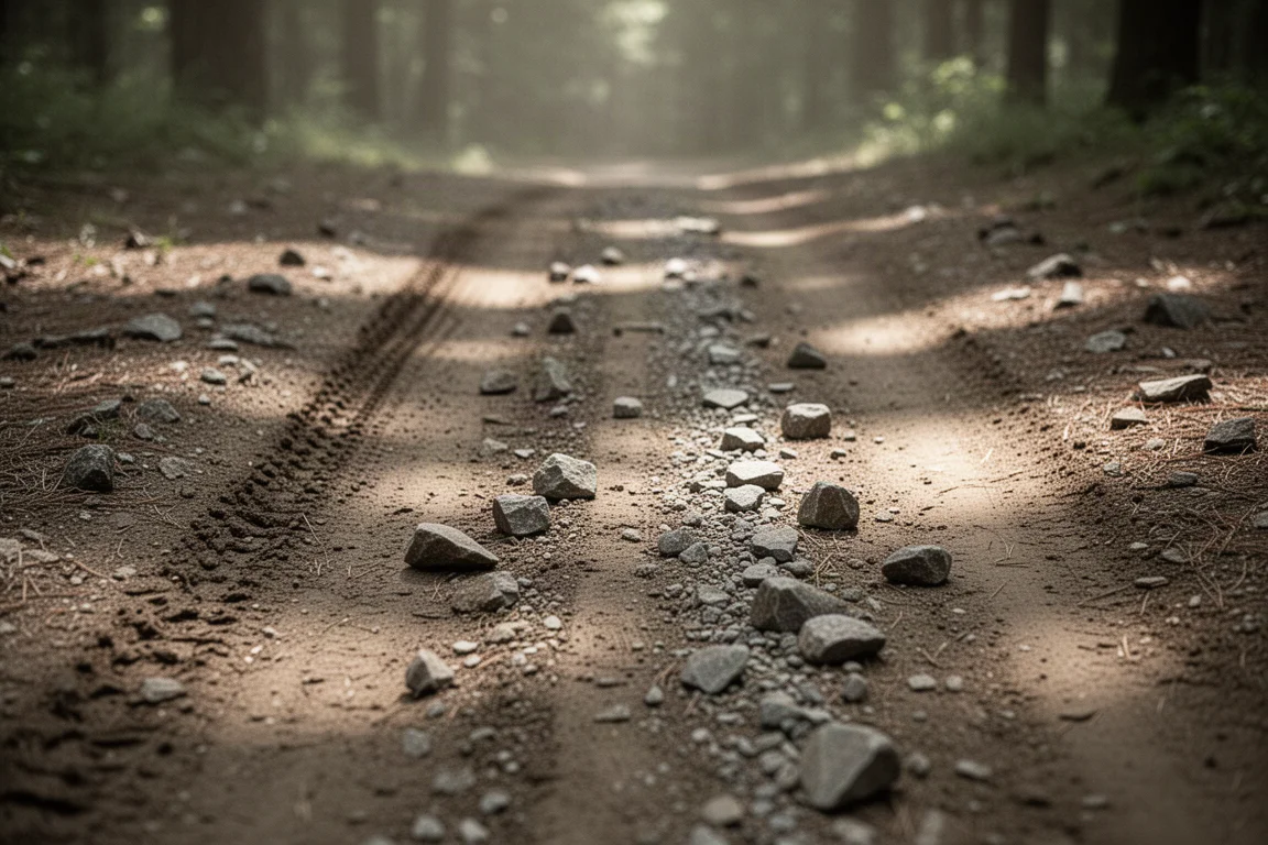 Superficie desgastada de un trail centre salpicada de pequeñas piedras angulosas