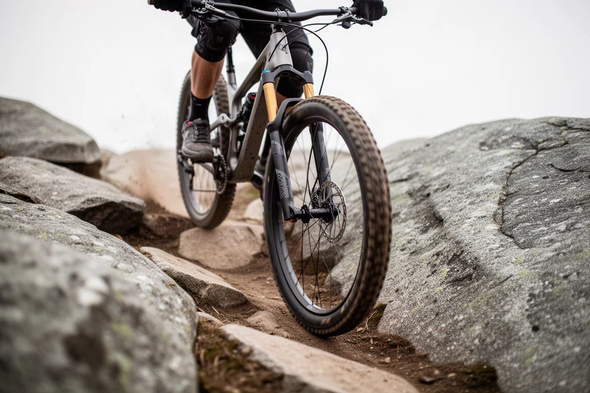 Parte delantera de una bicicleta de montaña descendiendo por un roquedal empinado
