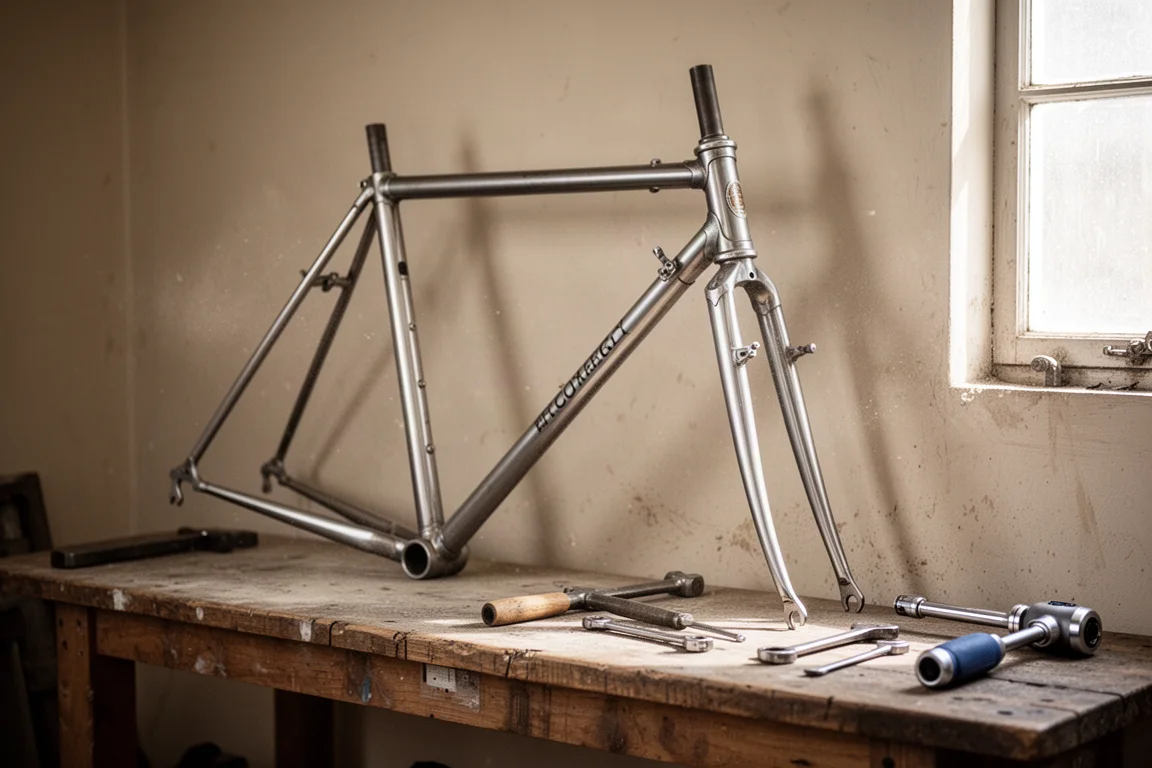 鋼管競賽車架靠在工作室牆邊,旁邊散放著工具