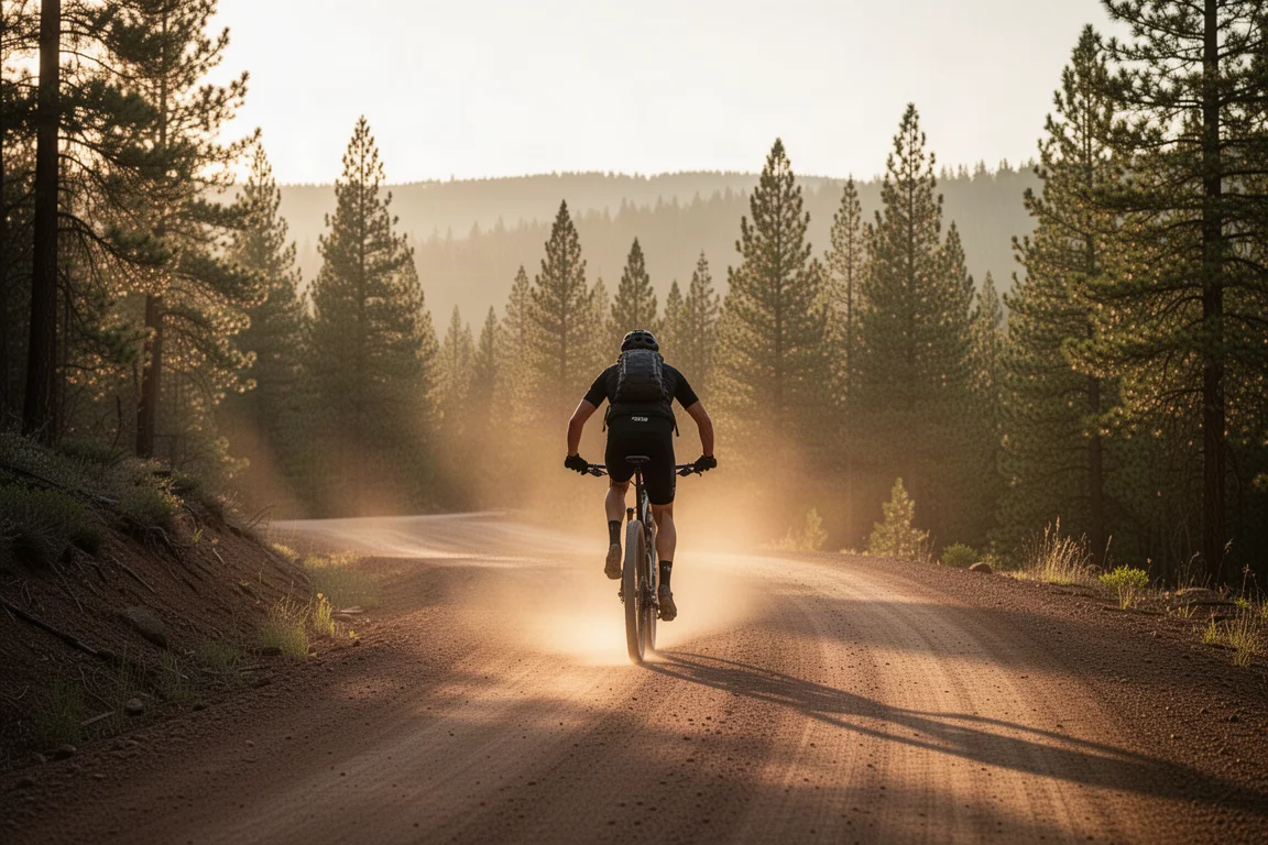 Ciclista de montaña cross-country subiendo una pista forestal a la hora dorada